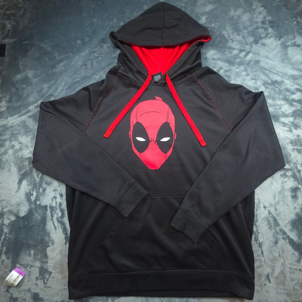 Marvel Deadpool Bioworld Mens XL Black Red Mesh Fleece Lined Hoodie Pullover